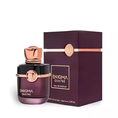 Frasco e caixa de perfume ENIGMA QUATRE roxo escuro e dourado