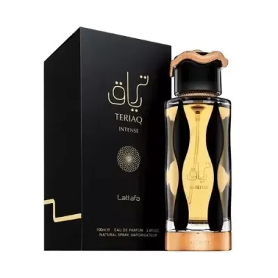 Frasco e caixa de perfume TERIAQ INTENSE da Lattafa, preto e dourado