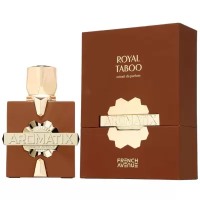 Frasco castanho de perfume Royal Taboo com detalhes dourados ao lado da embalagem castanha com texto dourado.