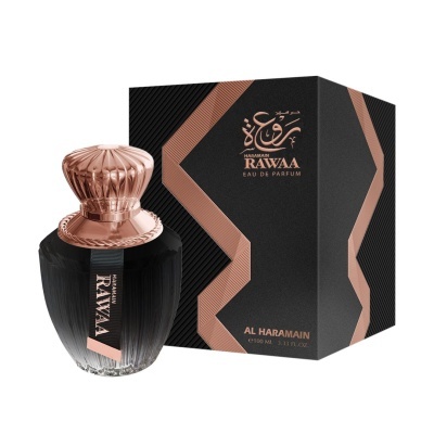 frasco de perfume Haramain Rawaa preto com tampa dourada rose e caixa correspondente