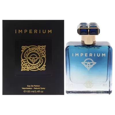 Perfume Imperium em frasco azul e embalagem preta com texto dourado