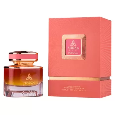 Frasco e caixa de perfume cor coral e dourada