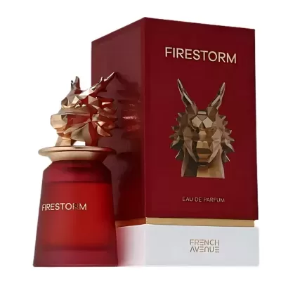 Frasco e caixa de perfume Firestorm com tampa dourada em forma de dragão
