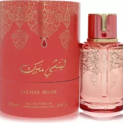 Frasco e embalagem de perfume Lychee Musk cor de rosa com detalhes dourados