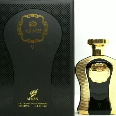 Frasco e caixa de perfume preto e dourado com texto Highness V Afnan
