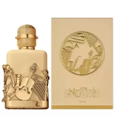 Frasco e caixa de perfume bege com ornamentos dourados e texto NOTES Jazz.