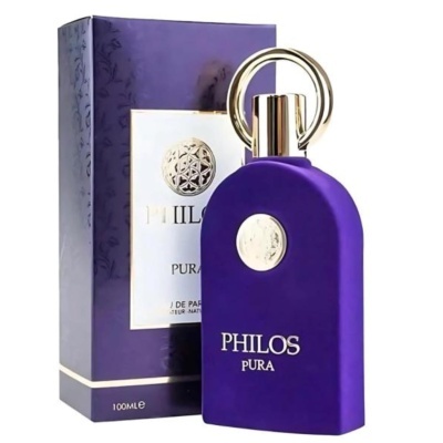 Frasco de perfume roxo e embalagem roxa com texto PHILOS PURA