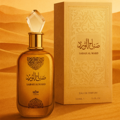 Frasco dourado de perfume Sabah Alward com caixa decorada em fundo de areia.