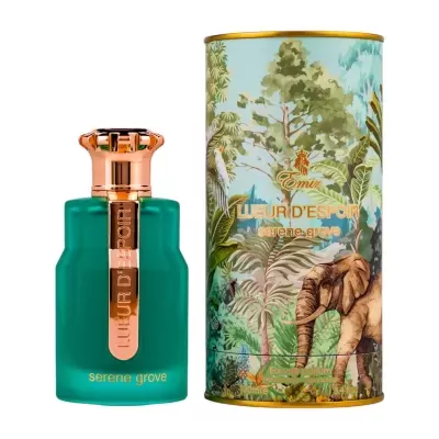 Perfume com embalagem ilustrada e frasco verde