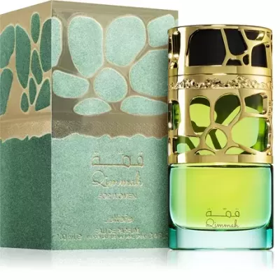 Frasco de perfume verde com tampa dourada e caixa verde com padrão