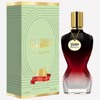 Frasco de perfume feminino vermelho e transparente ao lado de caixa verde clara com texto dourado