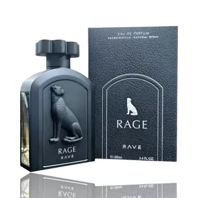 Frasco e caixa de perfume preto com relevo de leopardo, texto branco e textura.