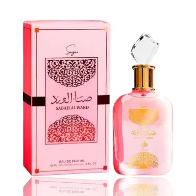 Frasco de perfume rosa com tampa facetada e caixa rosa decorativa com texto