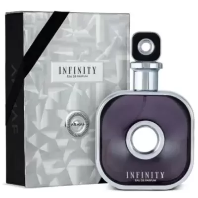 Frasco de perfume Infinity roxo com caixa cinza e preta