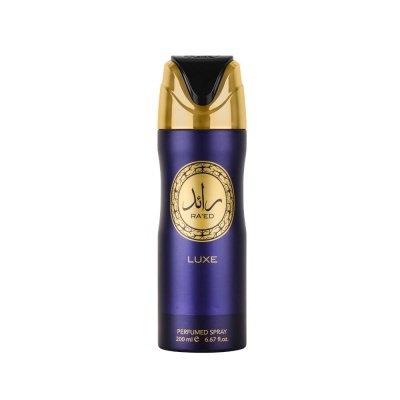 Frasco de spray perfumado RA'ED LUXE 200 ml, roxo com tampa dourada e preta