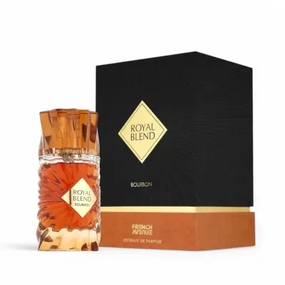 Frasco de perfume Royal Blend Bourbon com caixa preta e castanha