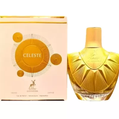 Perfume Celeste dourado com caixa branca e dourada