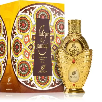 Perfume dourado decorativo com caixa colorida geométrica