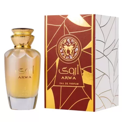 Frasco de perfume dourado ARWA com caixa vermelha e branca decorativa