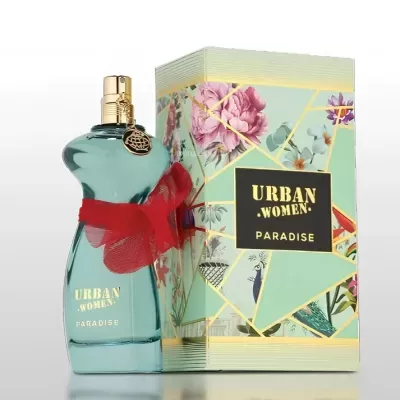 Frasco de perfume azul com laço vermelho junto a embalagem floral URBAN WOMEN PARADISE