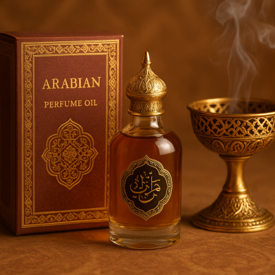 frasco de perfume com caixa e incensário dourado fumegante