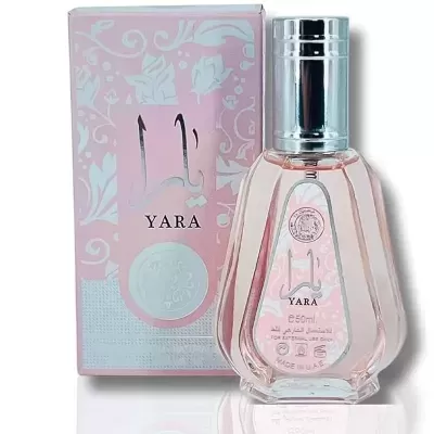 Frasco e caixa de perfume YARA cor de rosa com design floral