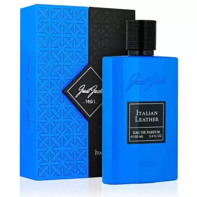 Frasco azul de perfume Italian Leather com embalagem azul e preta