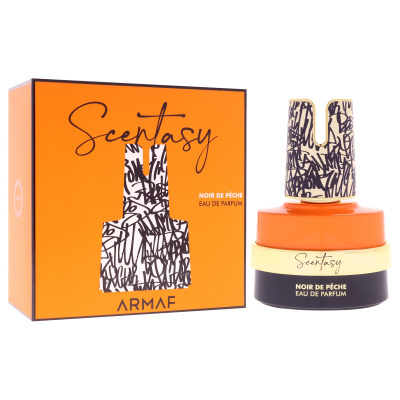 Frasco de perfume e caixa laranja com texto e tampa com padrão preto