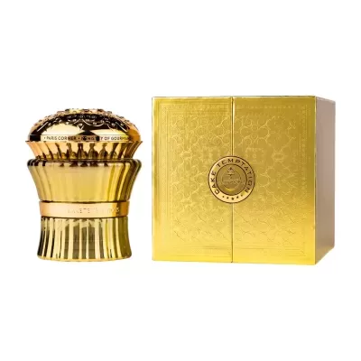 Frasco de perfume dourado luxuoso com embalagem dourada ornamentada