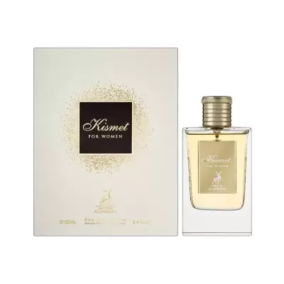 Frasco e caixa do perfume Kismet for Women com design branco, dourado e preto