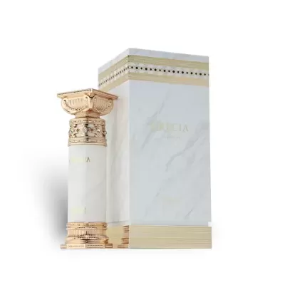 Frasco de perfume branco e dourado com caixa branca e dourada