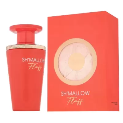 Frasco de perfume vermelho e embalagem vermelha com texto SHMALLOW Fluff