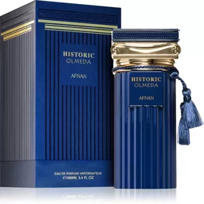 Perfume Historic Olmeda Afnan com frasco azul e dourado e embalagem azul