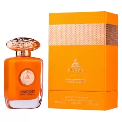 Frasco de perfume laranja Aurra Destiny com tampa dourada ao lado da caixa laranja