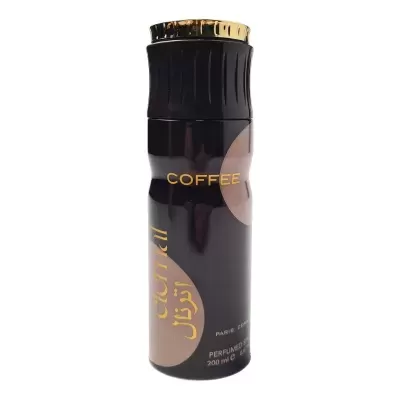 Frasco perfumado com texto dourado em frasco preto e castanho.