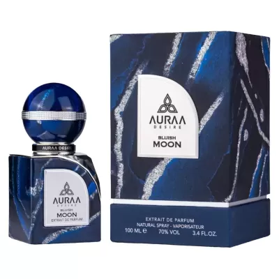 Frasco de perfume azul com caixa azul e branco rotulada AURAA DESIRE BLUISH MOON