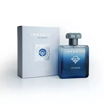 Perfume Imperium Intense em garrafa azul com caixa cinzenta