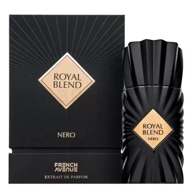 Frasco de perfume e embalagem preta com texto ROYAL BLEND NERO