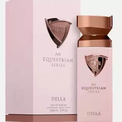 Frasco e caixa rosa de perfume An Equestrian Series Della com detalhes em bronze.