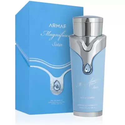 Frasco e embalagem de perfume ARMAF Magnificent Satin azul e prata