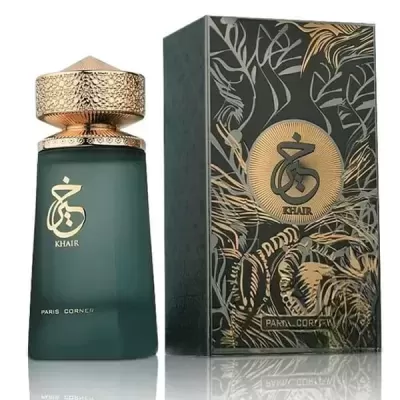 Frasco de perfume verde-escuro com tampa dourada e caixa decorada preta e dourada