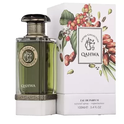 Frasco de perfume QAHWA com embalagem ilustrada