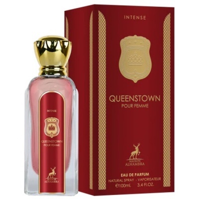 Frasco de perfume e embalagem vermelha e dourada QUEENSTOWN POUR FEMME