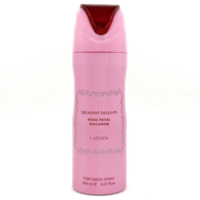 Frasco rosa de spray perfumado Lattafa Rose Petal Macaron 200 ml