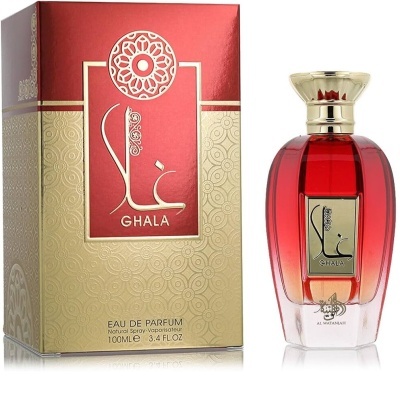 Perfume Ghala vermelho e dourado com embalagem dourada e vermelha ornamentada