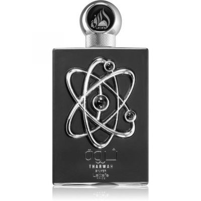 Frasco preto de perfume com design de átomo prateado e tampa prateada