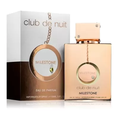 Frasco e caixa de perfume club de nuit Milestone dourados com detalhes em cristal