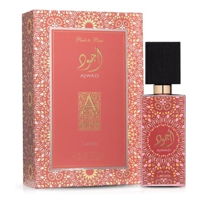 Perfume Ajwad Pink to Pink com frasco rosa, tampa preta e caixa com padrão floral