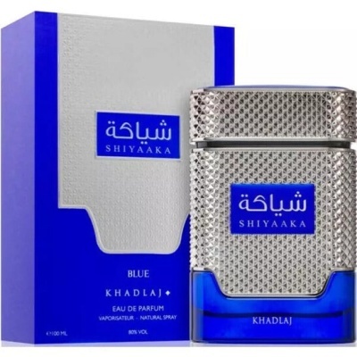 Frasco de perfume SHIYAAKA BLUE KHADLAJ com caixa azul e prateada