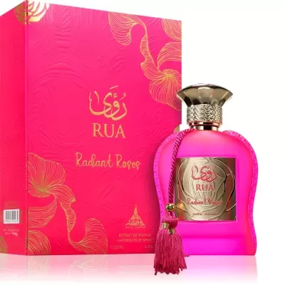 Frasco de perfume rosa com tampa dourada e caixa rosa com detalhes florais e texto